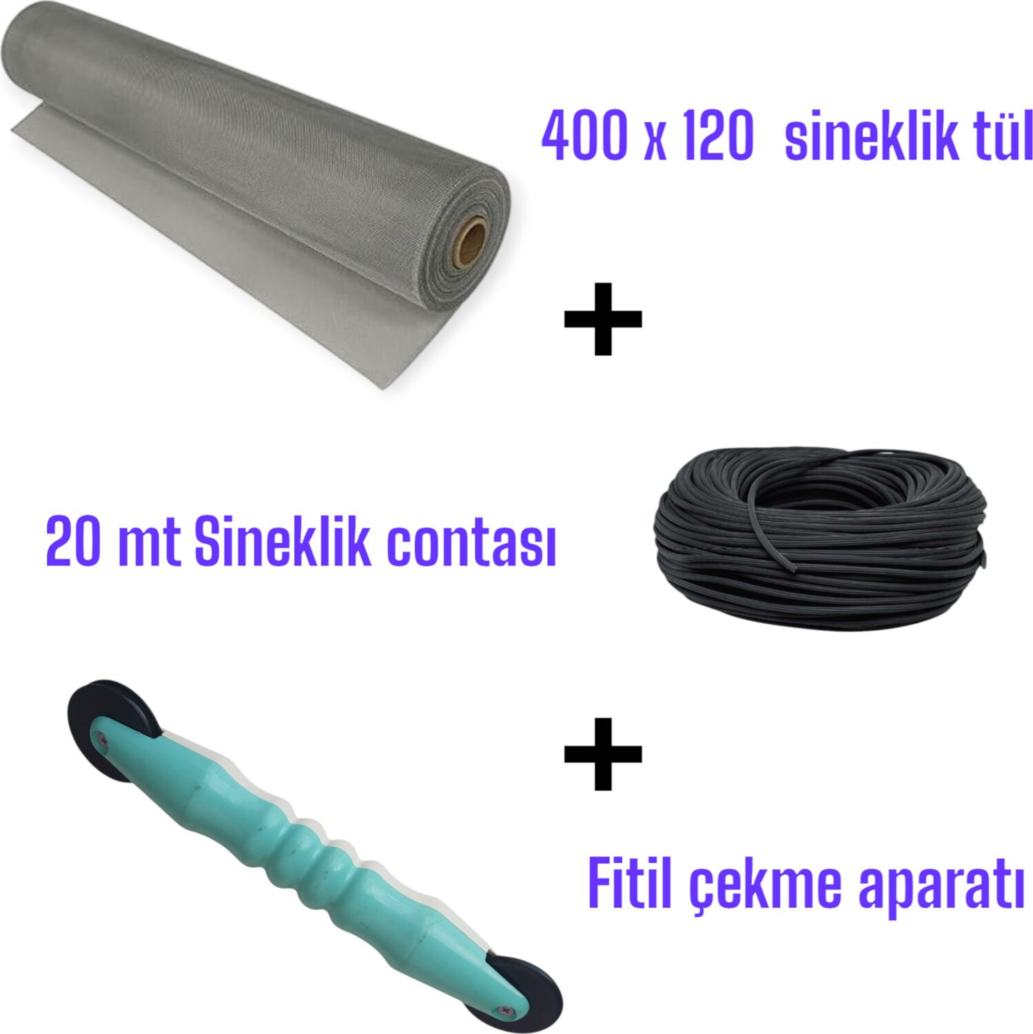 20 mt Siyah  Sineklik Contası + Fitil Çekme Aparatı + 400X120 cm Sineklik Tülü – Tam Set''