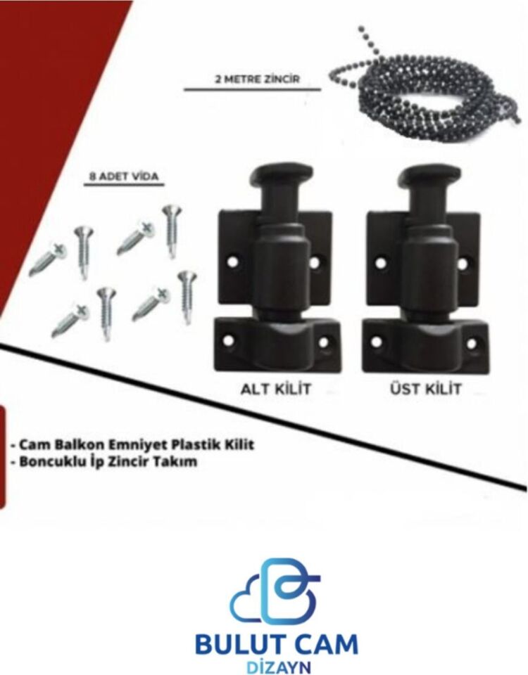 Cam Balkon Kilidi | Emniyet Plastik Kilit | Boncuklu Ip Zincir Takım Seti | (Siyah) 1 Adet