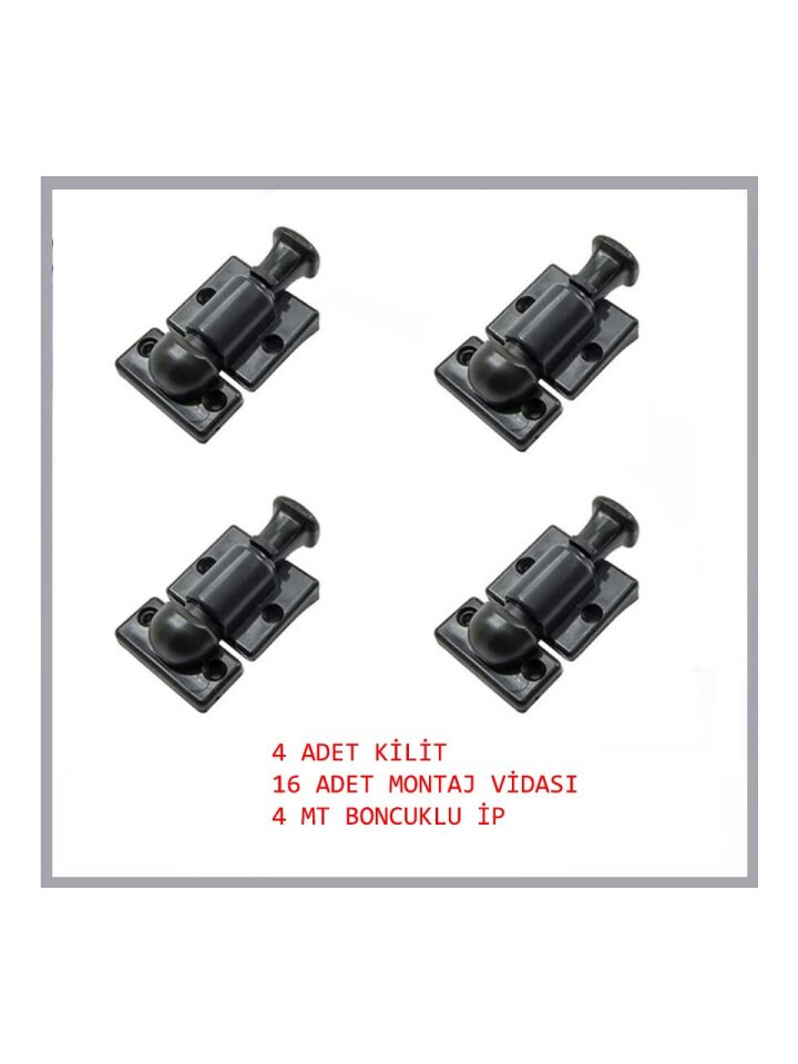Cam Balkon Kilidi 4 Adet Kilit 4 Metre Siyah Boncuk Ip ve Montaj Vidası